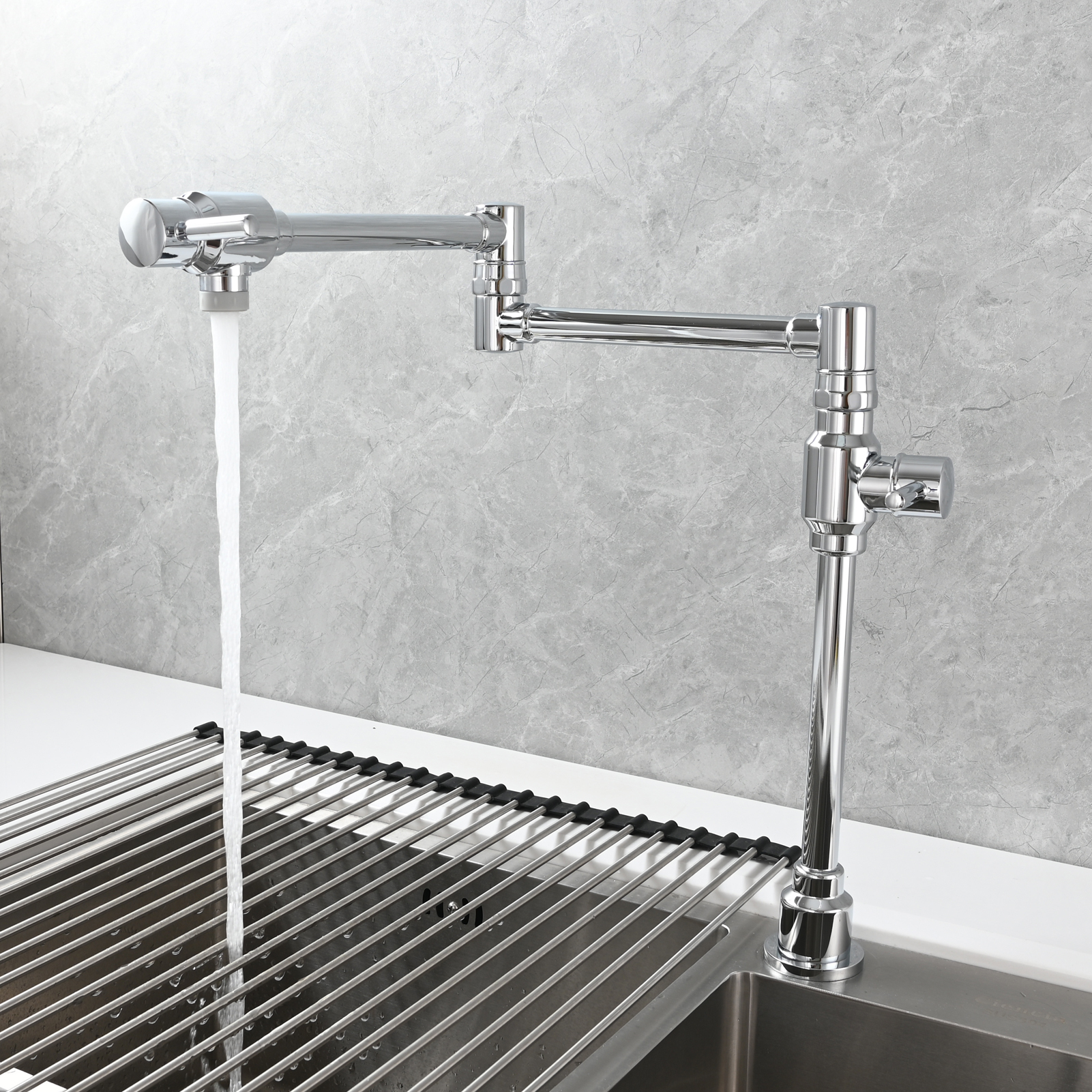 Tecmolog Brass Folding Deck Mount Pot Faucets Over Stove,Single Cold Kitchen Tap with Double Joint Swing Arms
