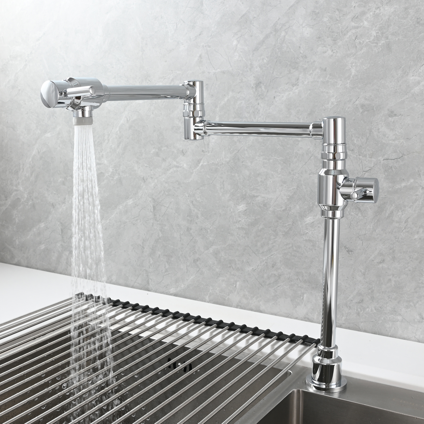 Tecmolog Brass Folding Deck Mount Pot Faucets Over Stove,Single Cold Kitchen Tap with Double Joint Swing Arms