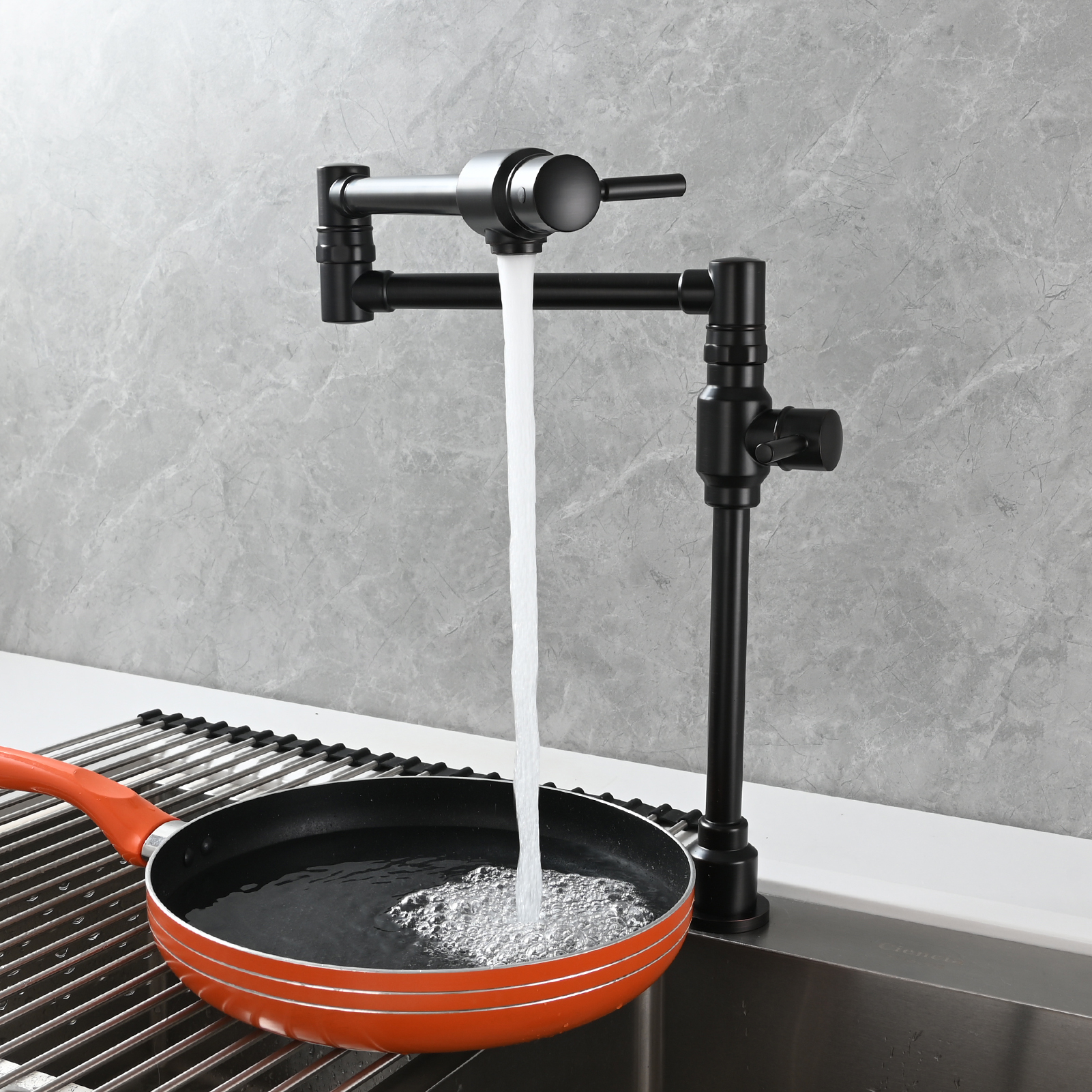 Tecmolog Brass Folding Deck Mount Pot Faucets Over Stove,Single Cold Kitchen Tap with Double Joint Swing Arms