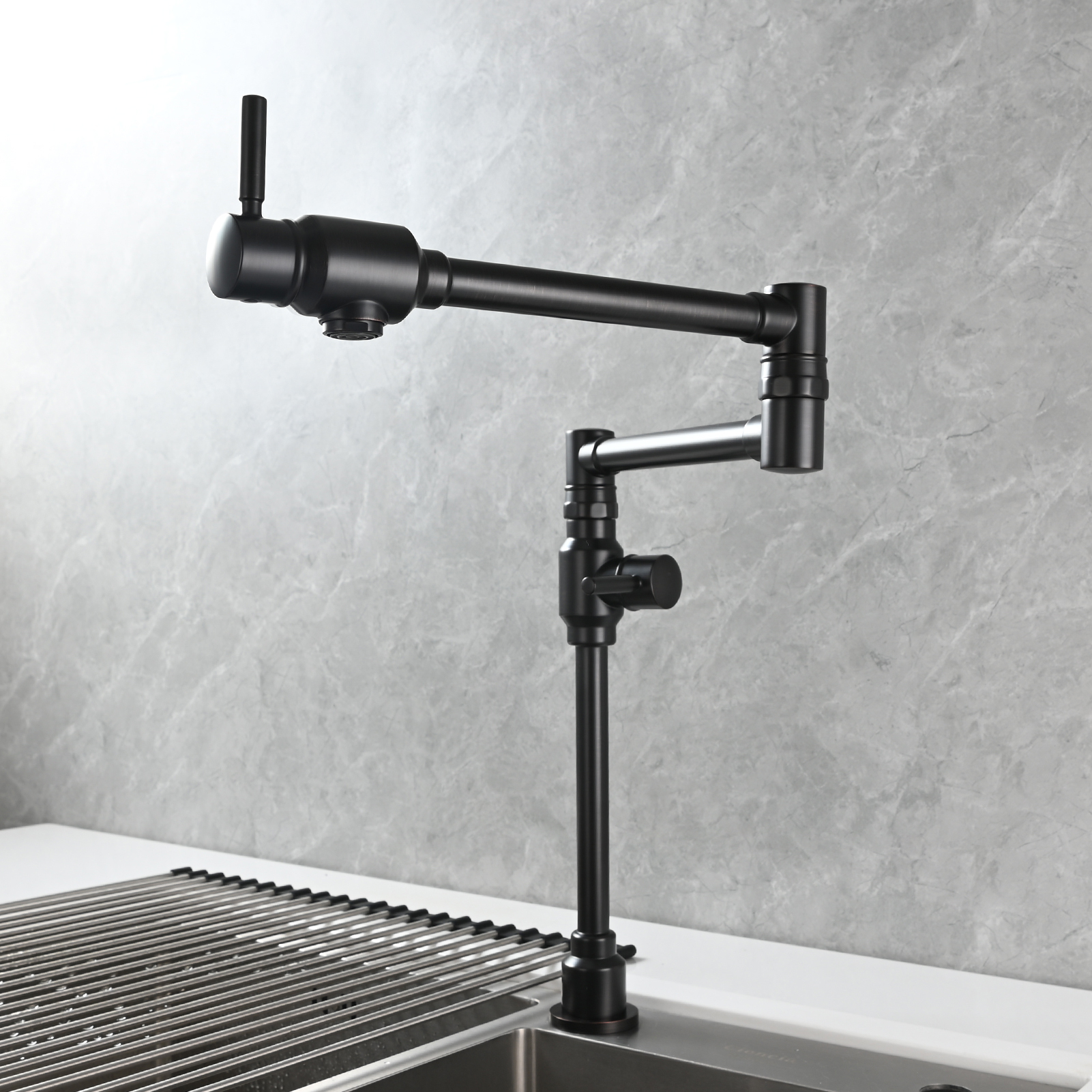 Tecmolog Brass Folding Deck Mount Pot Faucets Over Stove,Single Cold Kitchen Tap with Double Joint Swing Arms