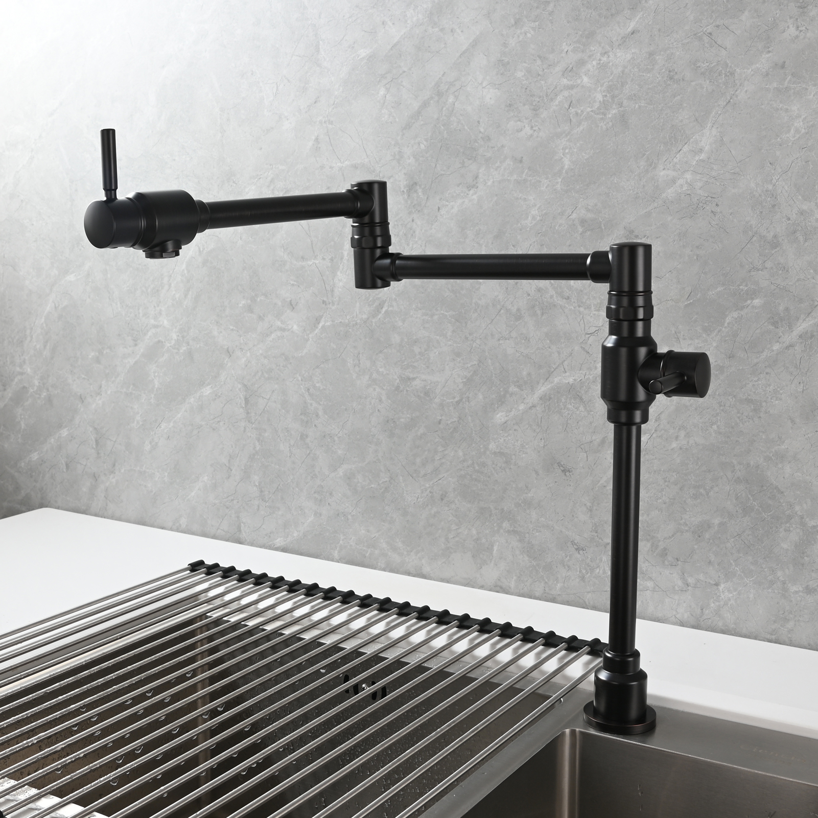 Tecmolog Brass Folding Deck Mount Pot Faucets Over Stove,Single Cold Kitchen Tap with Double Joint Swing Arms