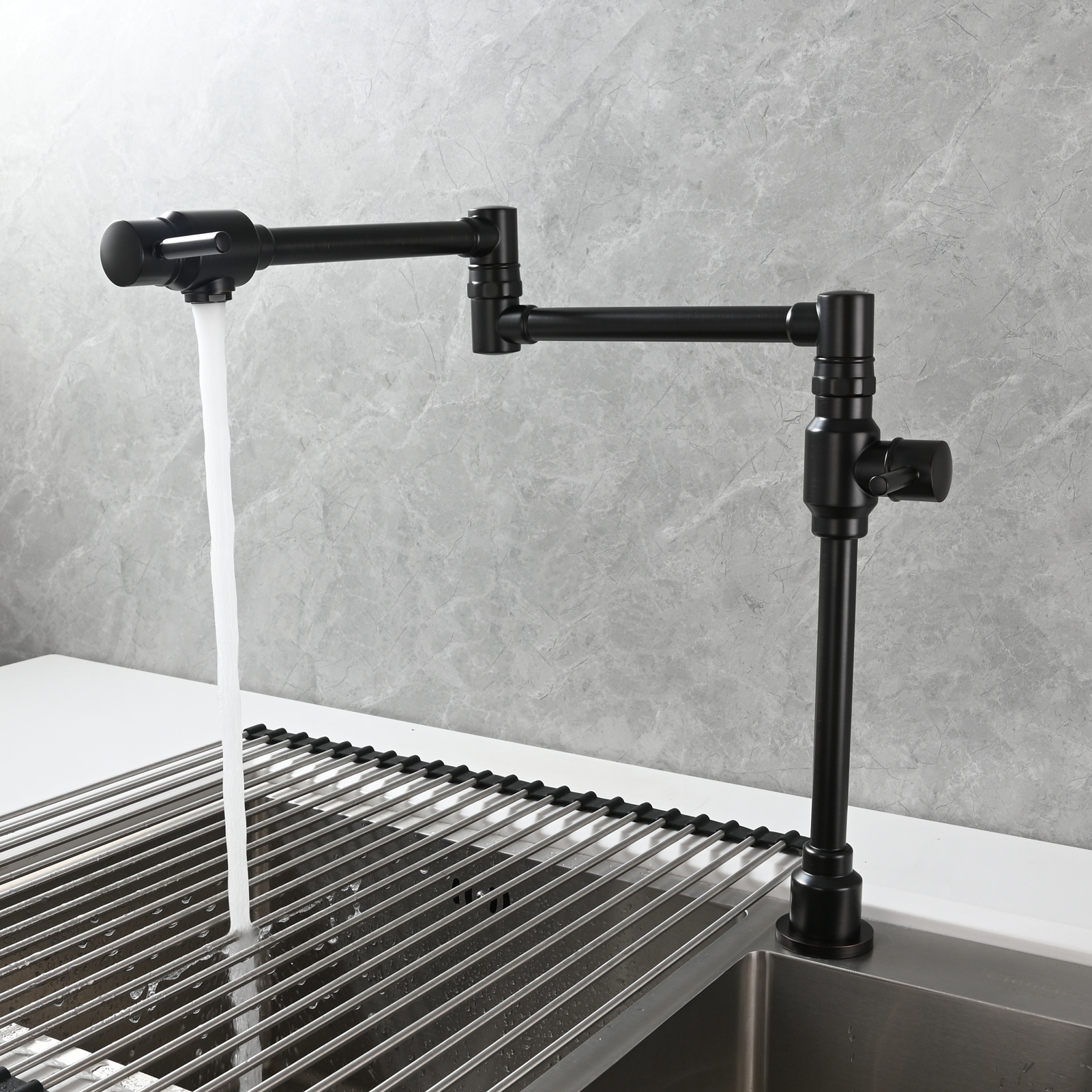 Tecmolog Brass Folding Deck Mount Pot Faucets Over Stove,Single Cold Kitchen Tap with Double Joint Swing Arms