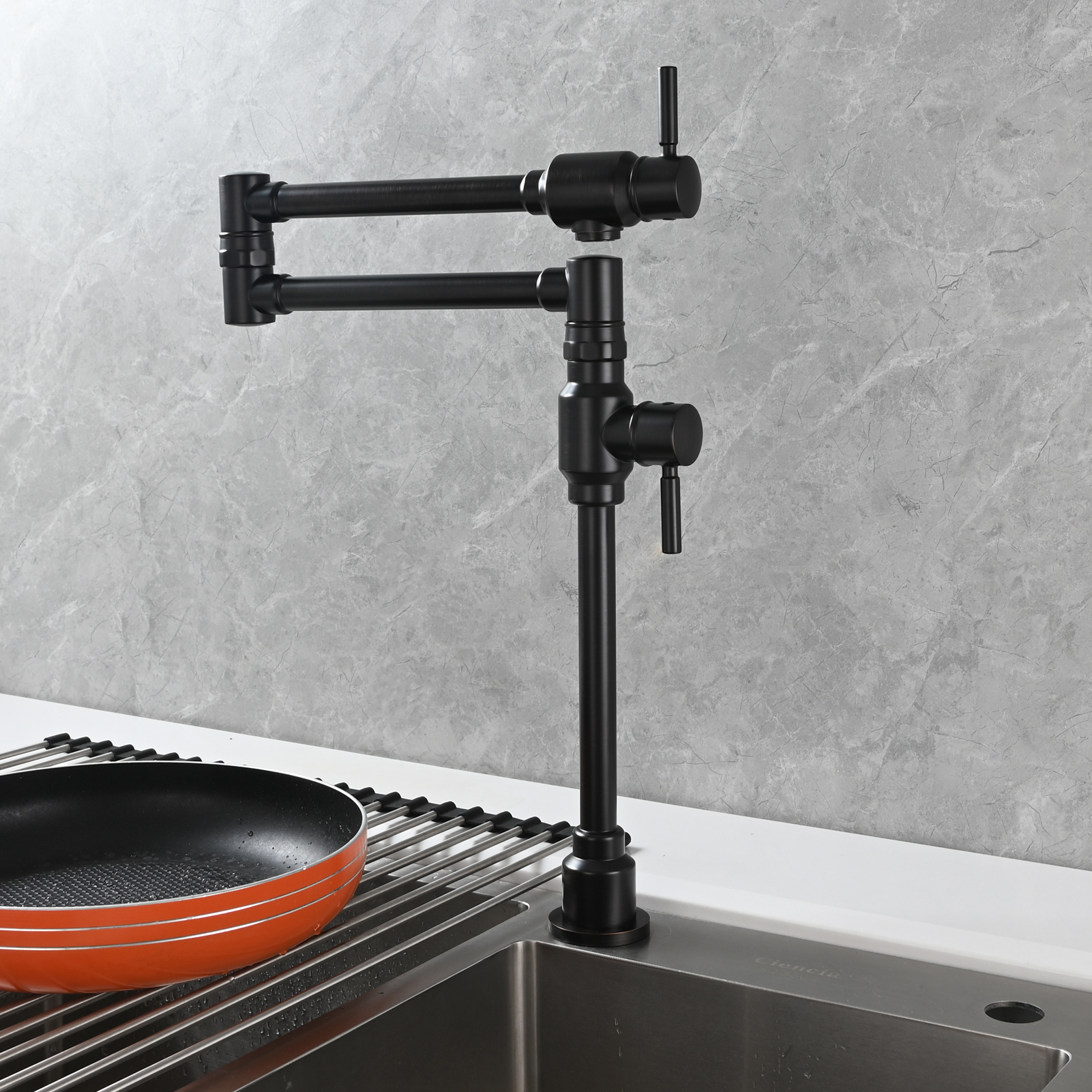 Tecmolog Brass Folding Deck Mount Pot Faucets Over Stove,Single Cold Kitchen Tap with Double Joint Swing Arms