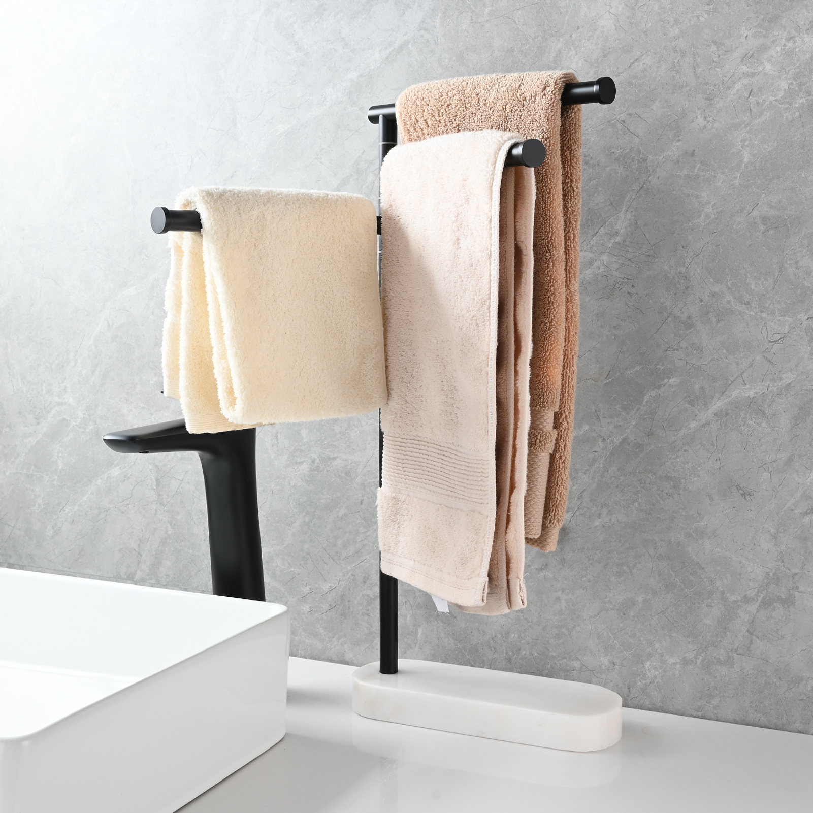 Tecmolog Stainlee Steel Marble Towel Rack,Standing Towel Rack Double or (Three) Rod for Bathroom Floor