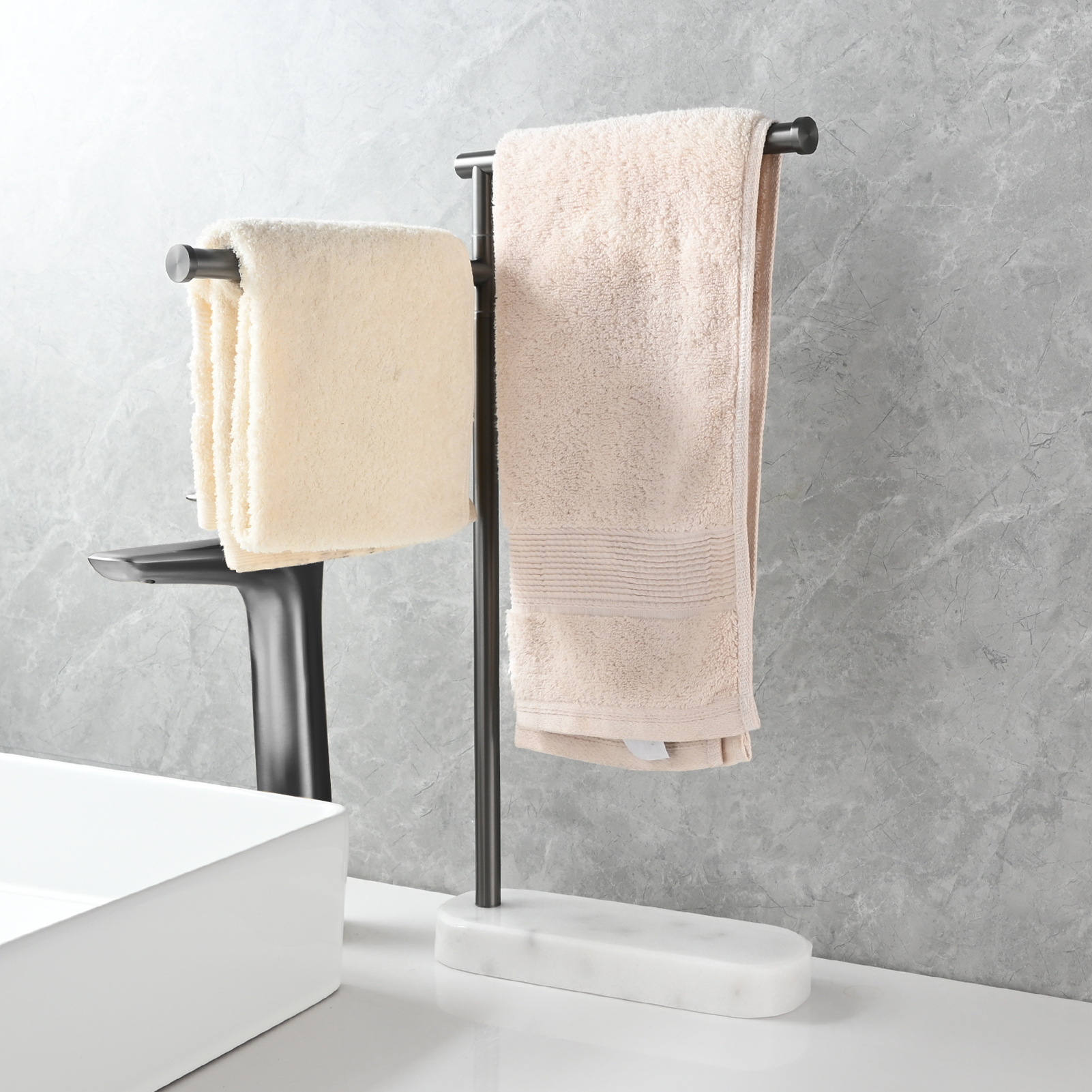 Tecmolog Stainlee Steel Marble Towel Rack,Standing Towel Rack Double or (Three) Rod for Bathroom Floor