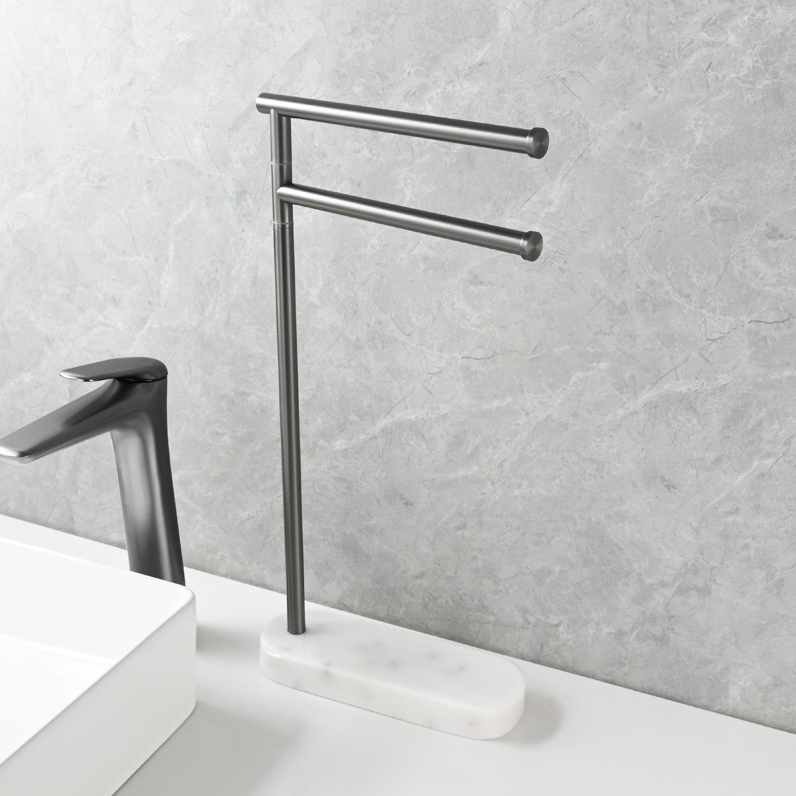 Tecmolog Stainlee Steel Marble Towel Rack,Standing Towel Rack Double or (Three) Rod for Bathroom Floor
