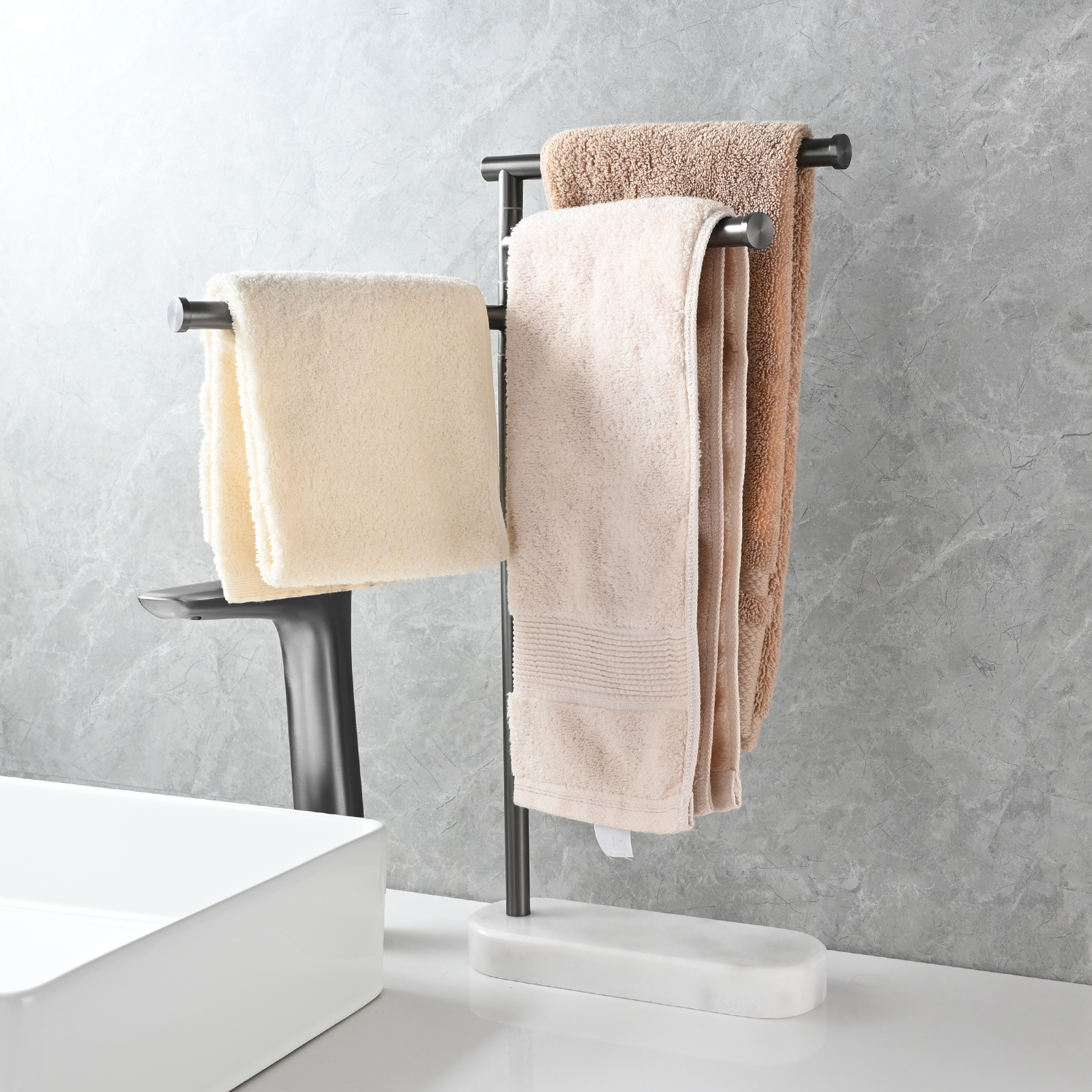 Tecmolog Stainlee Steel Marble Towel Rack,Standing Towel Rack Double or (Three) Rod for Bathroom Floor