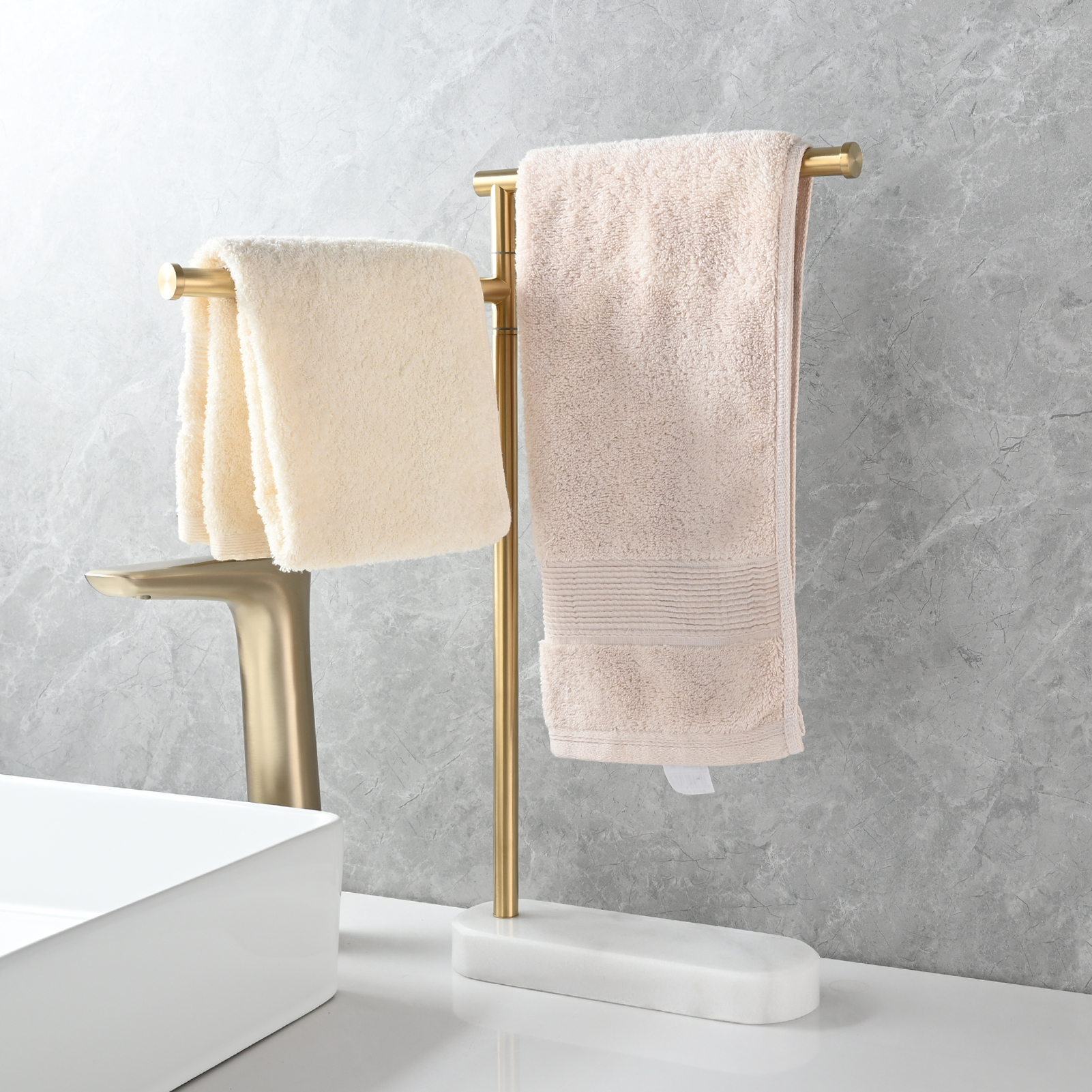 Tecmolog Stainlee Steel Marble Towel Rack,Standing Towel Rack Double or (Three) Rod for Bathroom Floor