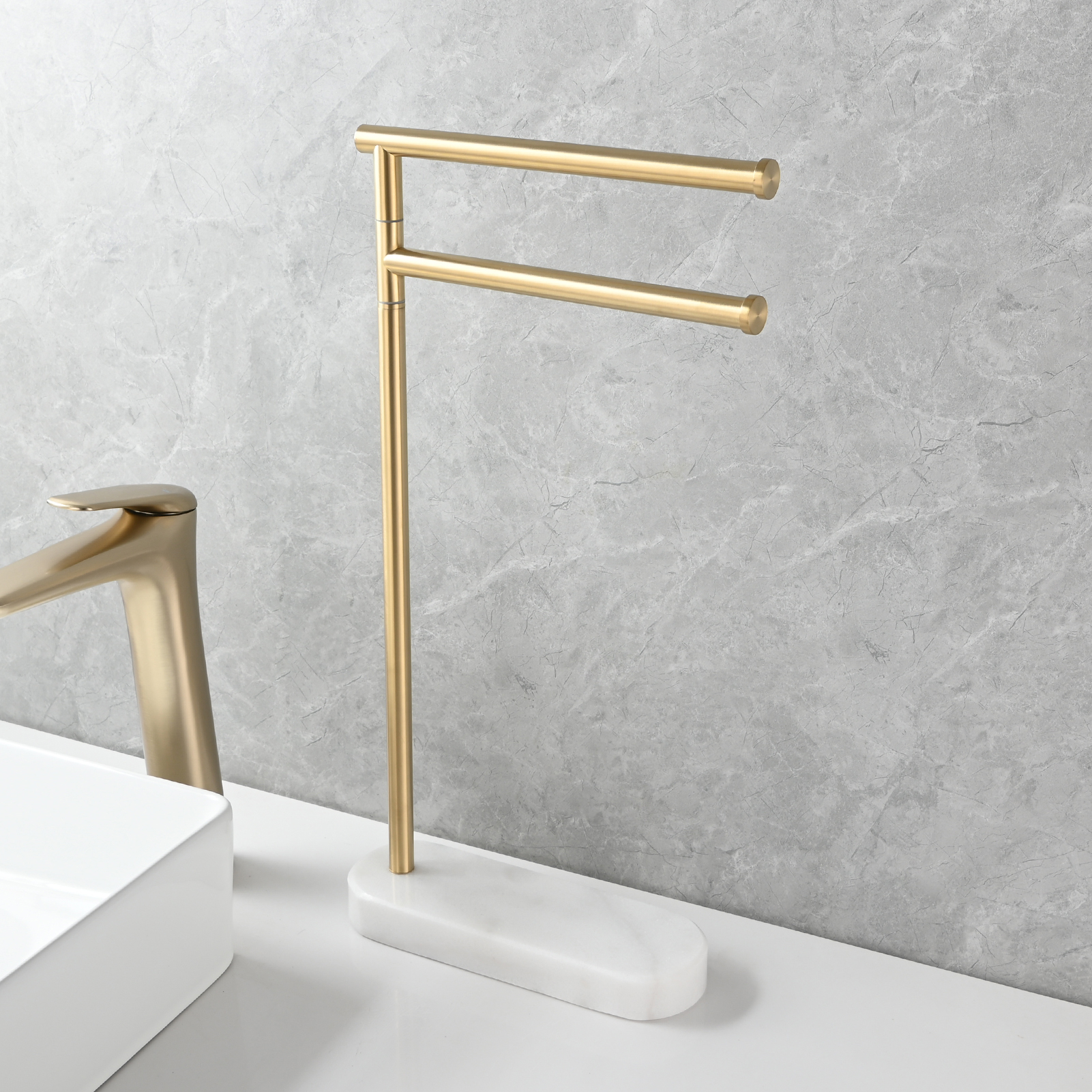Tecmolog Stainlee Steel Marble Towel Rack,Standing Towel Rack Double or (Three) Rod for Bathroom Floor