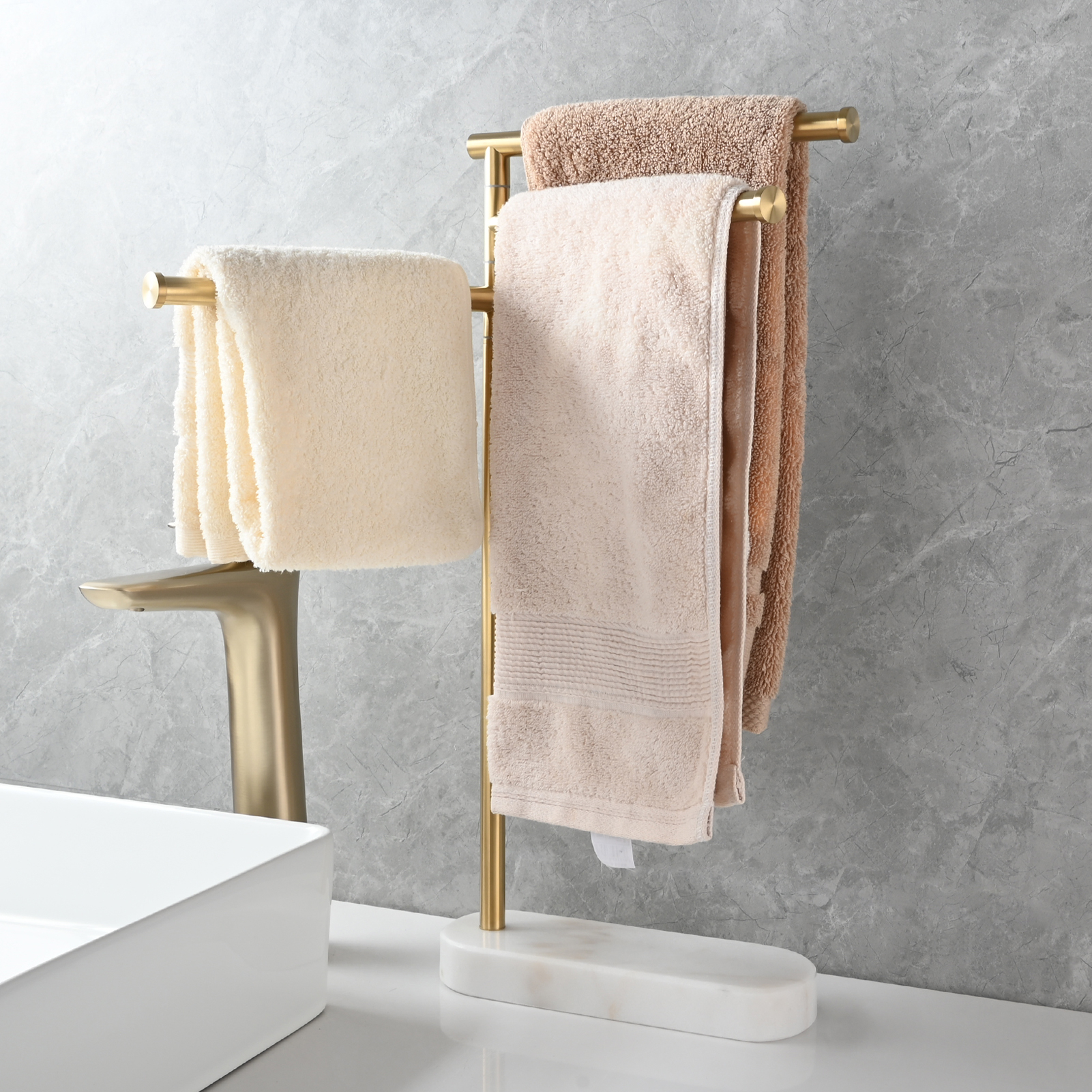 Tecmolog Stainlee Steel Marble Towel Rack,Standing Towel Rack Double or (Three) Rod for Bathroom Floor