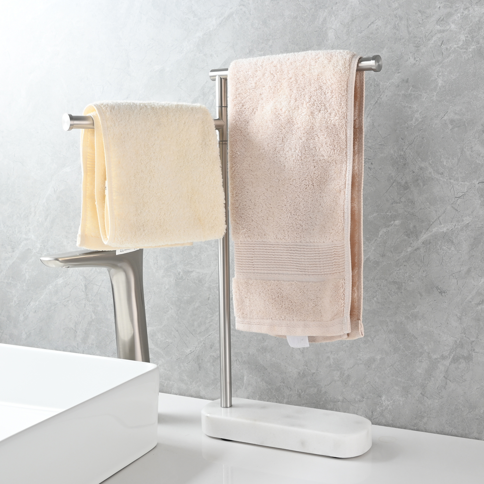 Tecmolog Stainlee Steel Marble Towel Rack,Standing Towel Rack Double or (Three) Rod for Bathroom Floor