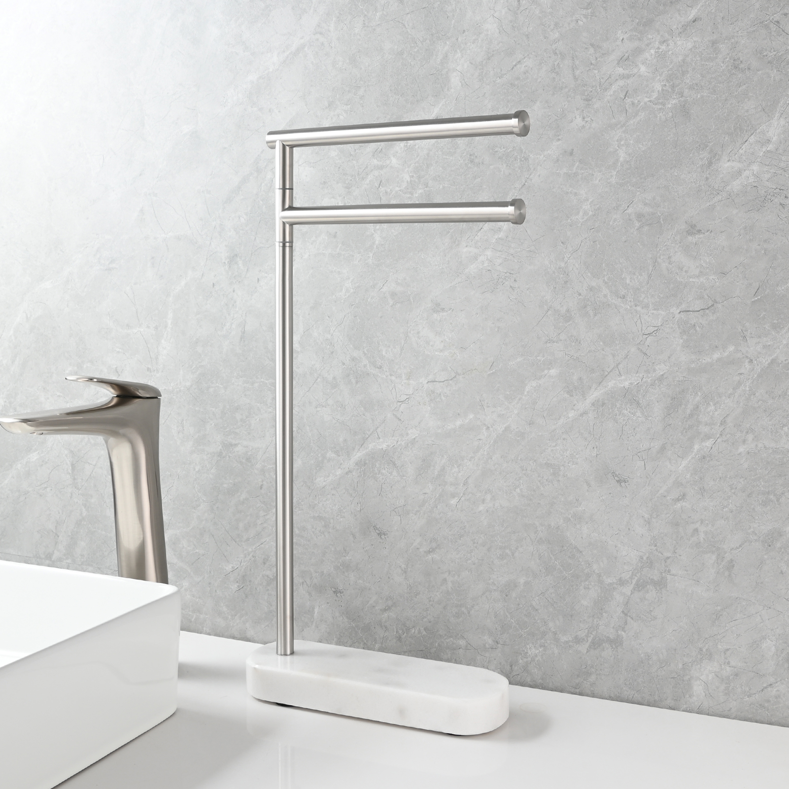 Tecmolog Stainlee Steel Marble Towel Rack,Standing Towel Rack Double or (Three) Rod for Bathroom Floor