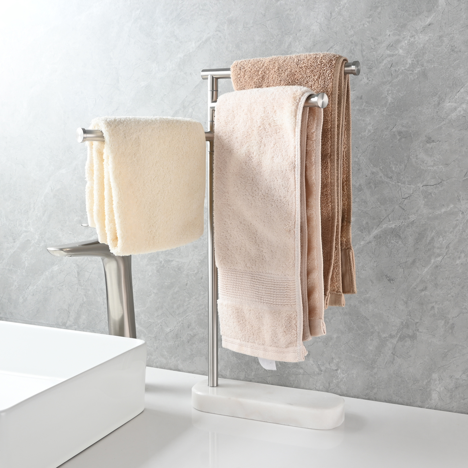 Tecmolog Stainlee Steel Marble Towel Rack,Standing Towel Rack Double or (Three) Rod for Bathroom Floor