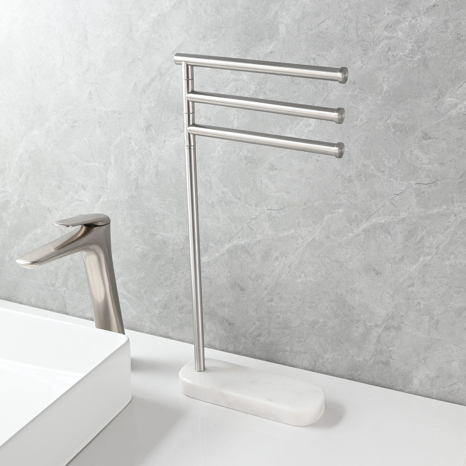 Tecmolog Stainlee Steel Marble Towel Rack,Standing Towel Rack Double or (Three) Rod for Bathroom Floor