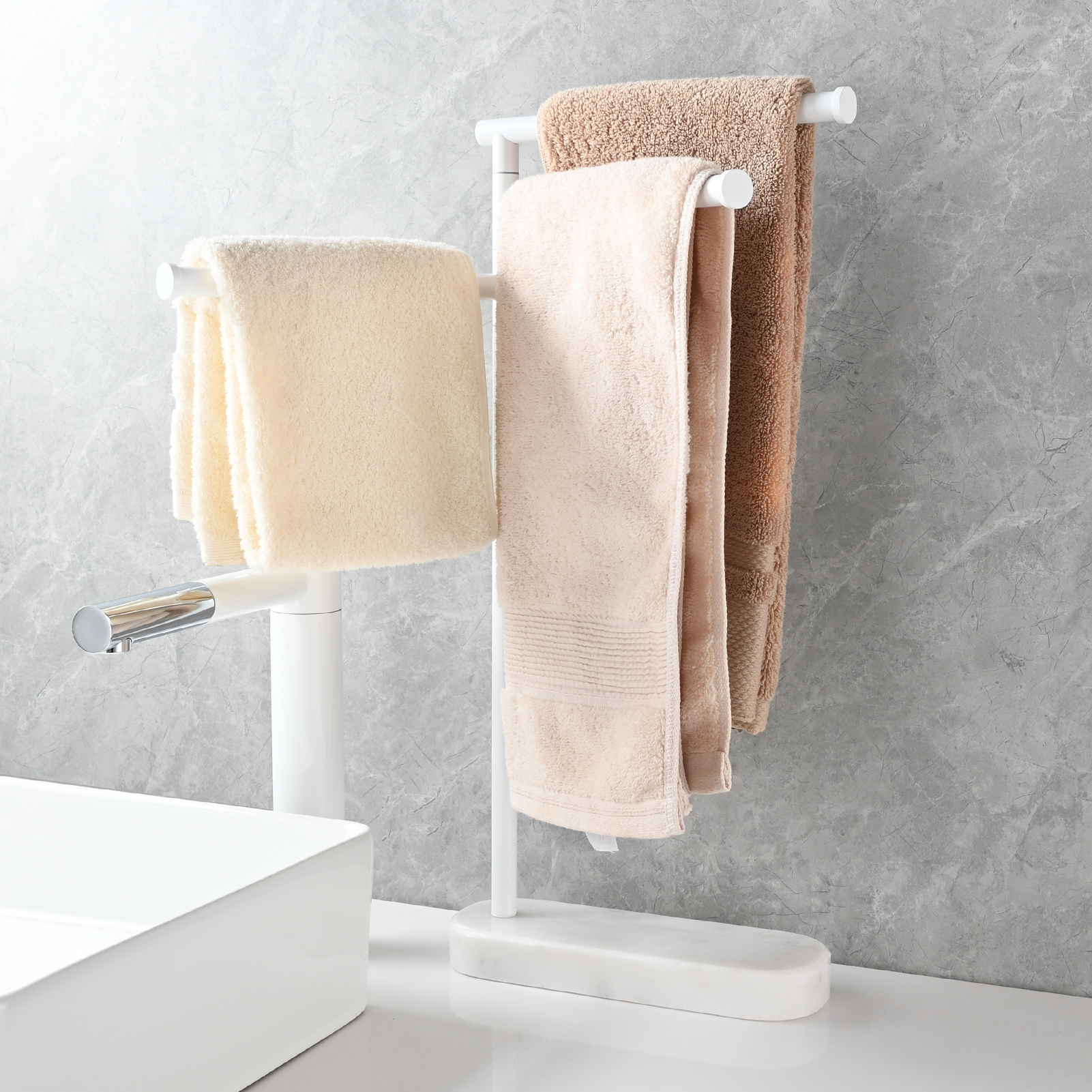 Tecmolog Stainlee Steel Marble Towel Rack,Standing Towel Rack Double or (Three) Rod for Bathroom Floor