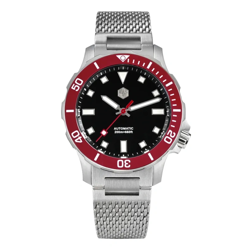 Leather Strap Red Bezel Dive Watch Diver GMT 200M Automatic