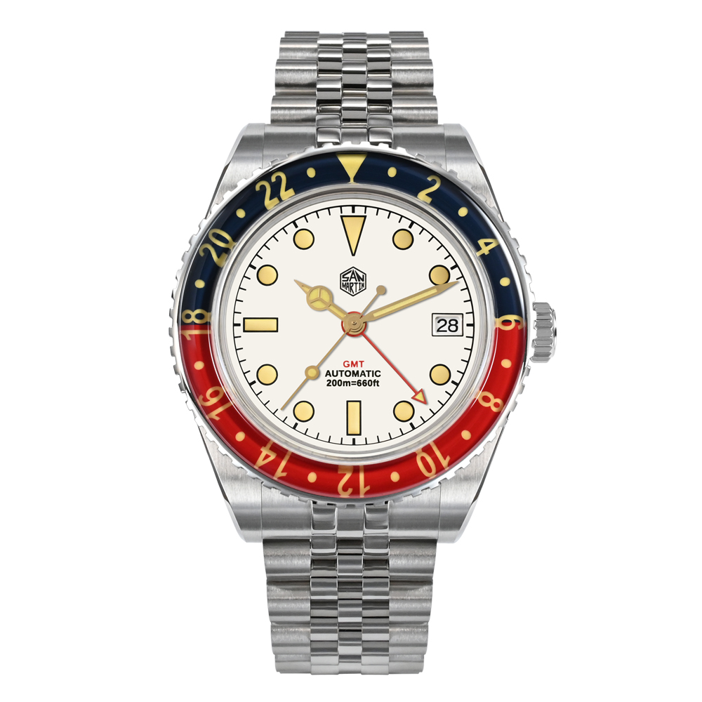 【美品】SAN MARTIN GMT 自動巻きNH34ムーブメント 白銀 San Martin NH34 GMT Watch - SN0005G-B