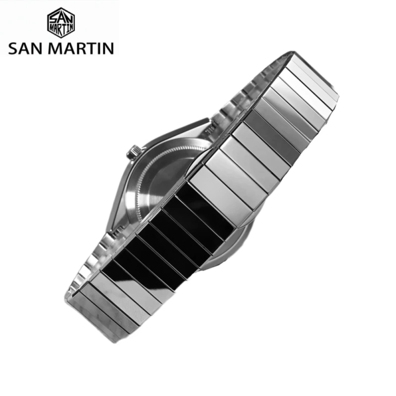 San Martin 21mm Polished Bracelet Solid 316L Stainless Steel For Watch SN0102 Double Push Butterfly Clasp Screw Design