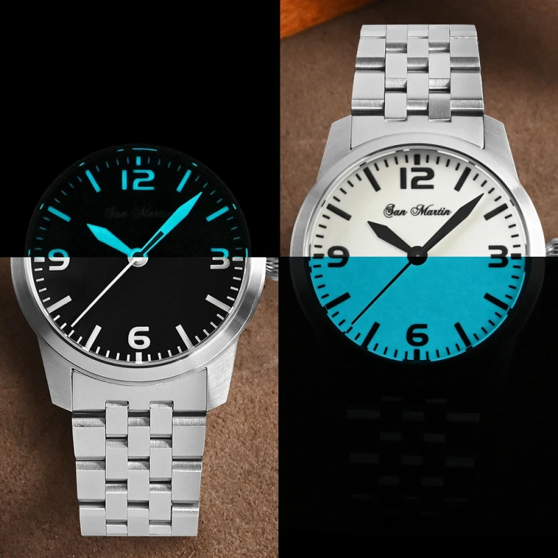 San Martin 38mm Pilot Military Simple Men Watches YN55 Automatic Mechanical Stainless Steel Bracelet 10 Bar Waterproof Luminous