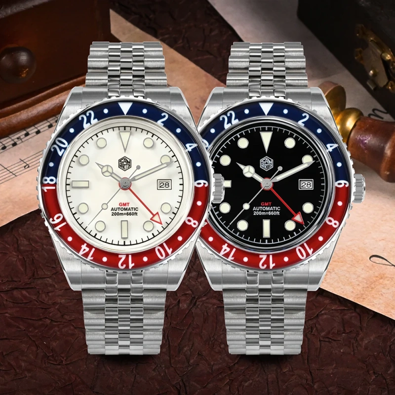 San Martin New 40mm Luxury GMT Sports Style Full Luminous Bidirectional Bezel Men Automatic Mechanical Watch Sapphire 20Bar BGW9