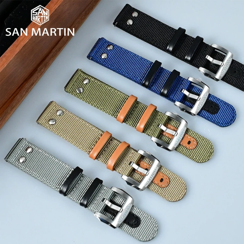 San Martin Watch Band Quick Release Double Layer Nylon Strap High Quality Fashion Rivet Stitching Design 20mm 22mm Watches Parts