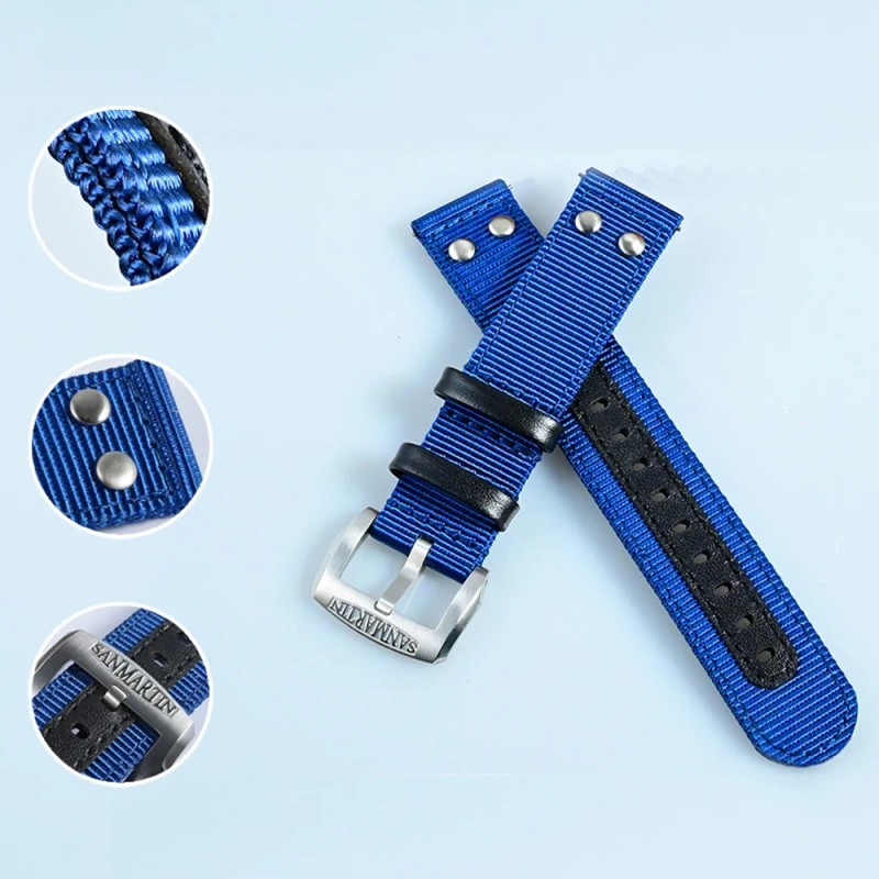 San Martin Watch Band Quick Release Double Layer Nylon Strap High Quality Fashion Rivet Stitching Design 20mm 22mm Watches Parts