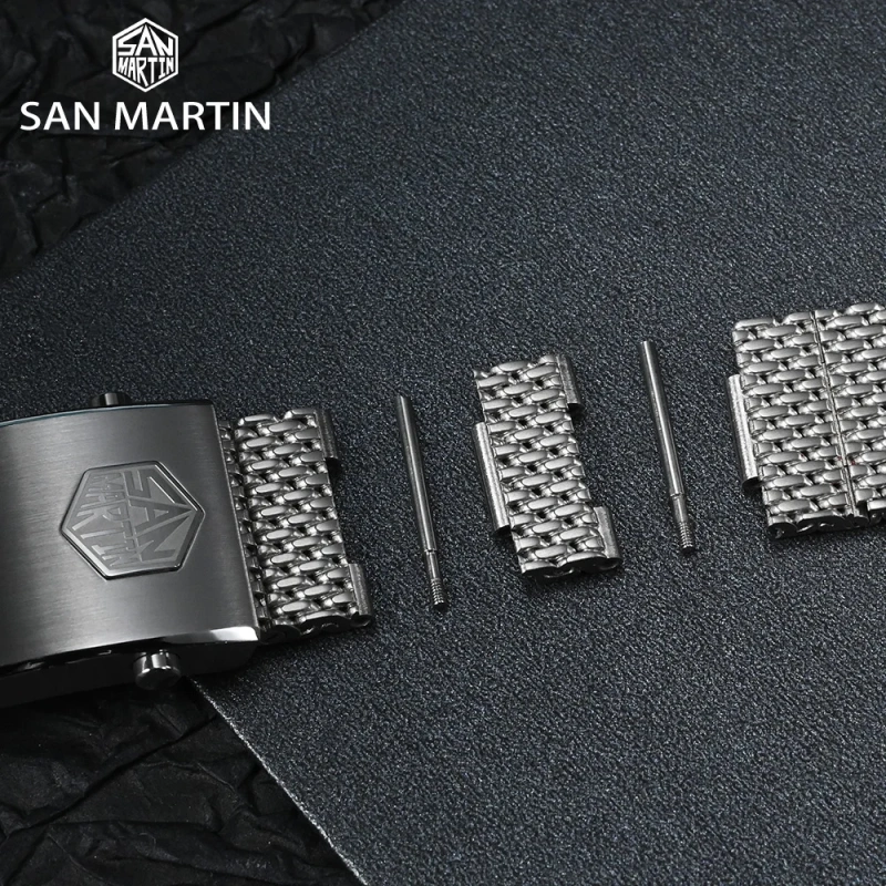 San Martin Mesh Milanese Bracelet Stainless Steel Watch Parts For 20mm Curved End Links Small Fly Adjustable Clasp For SN0054
