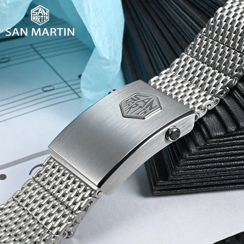 San Martin Mesh Milanese Bracelet Stainless Steel Watch Parts For 20mm Curved End Links Small Fly Adjustable Clasp For SN0054