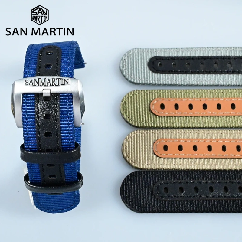 San Martin Watch Band Quick Release Double Layer Nylon Strap High Quality Fashion Rivet Stitching Design 20mm 22mm Watches Parts