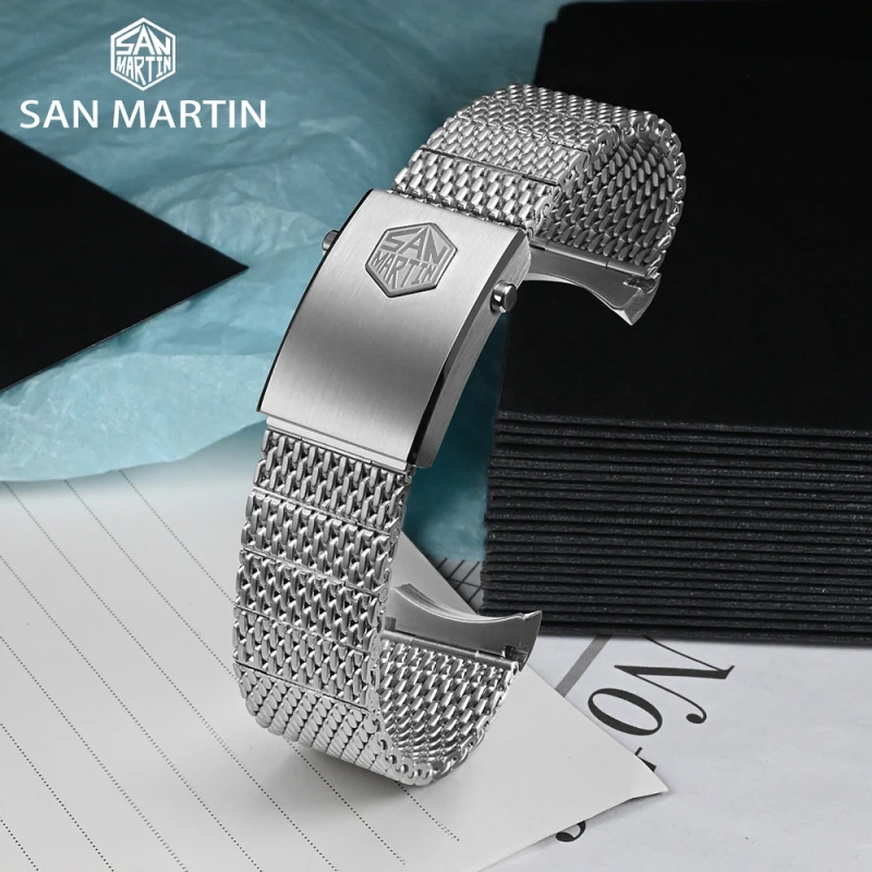San Martin Mesh Milanese Bracelet Stainless Steel Watch Parts For 20mm Curved End Links Small Fly Adjustable Clasp For SN0054