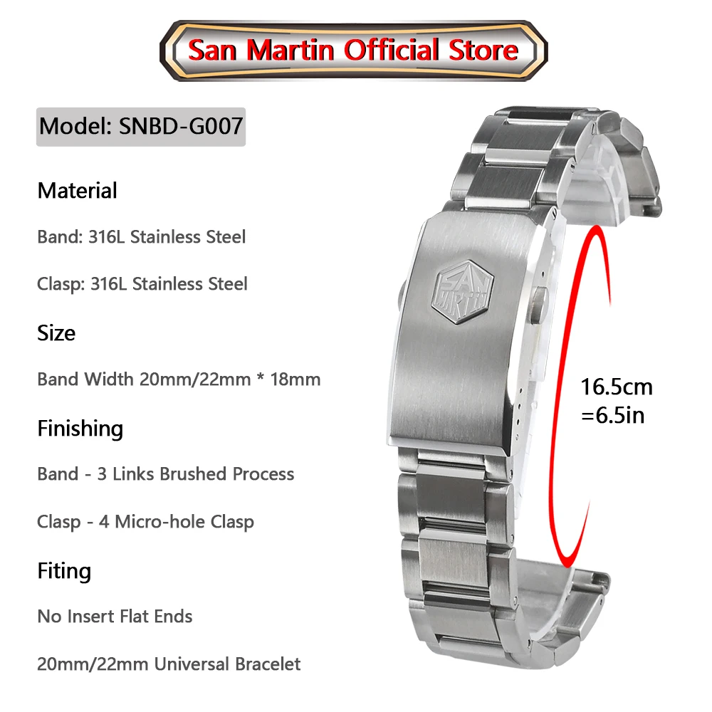 San Martin Watch Parts Bracelet 316L Solid Stainless Steel