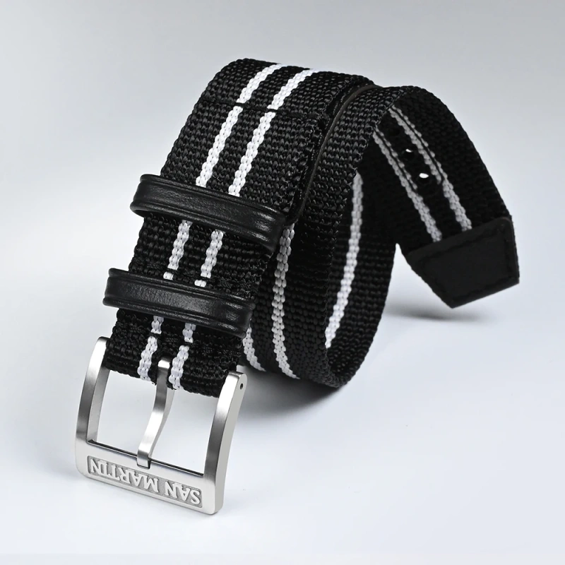 San Martin High Quality Colorful Nylon Strap Spliced Leather Material 20mm Universal Type Watch Band 316L Stainless Steel Buckle