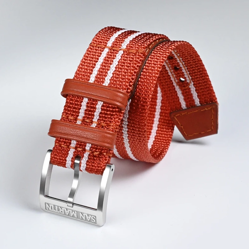 San Martin High Quality Colorful Nylon Strap Spliced Leather Material 20mm Universal Type Watch Band 316L Stainless Steel Buckle