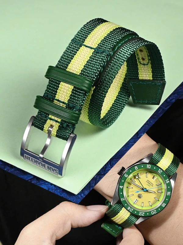 San Martin High Quality Colorful Nylon Strap Spliced Leather Material 20mm Universal Type Watch Band 316L Stainless Steel Buckle