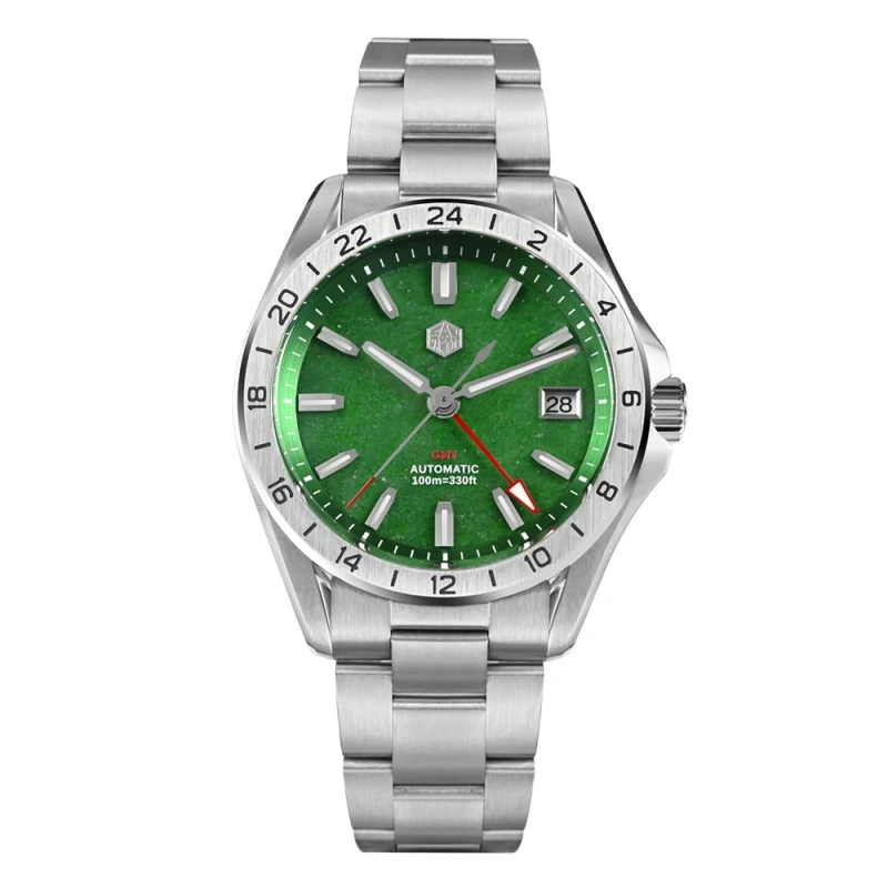 San Martin 39mm Red Agate Green Jade Stone Rare Mineral Gemstone Luxury Men Watch NH34 GMT Automatic Mechanical Sapphire SN0129