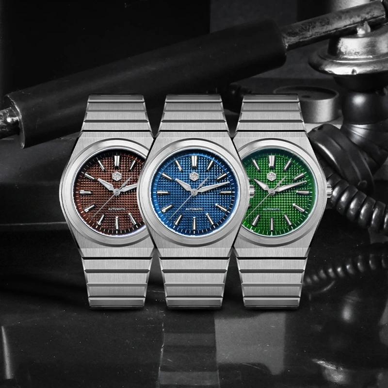 San Martin 40mm SN0152 Luxury Sport Watch Miyota 90S5 Automatic Waffle Dial Integrated Bracelet Exhibition Caseback Mens Watches