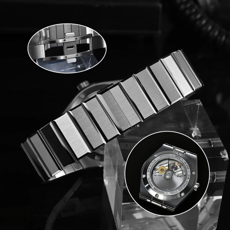 San Martin 40mm SN0152 Luxury Sport Watch Miyota 90S5 Automatic Waffle Dial Integrated Bracelet Exhibition Caseback Mens Watches