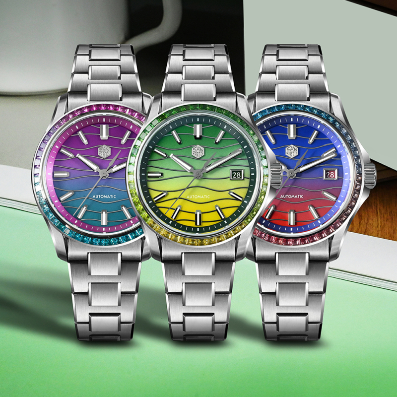 San Martin 39mm Men Watch Miyota 9015 Automatic Mechanical with Gemstones Bezel Mop Dial SN0150