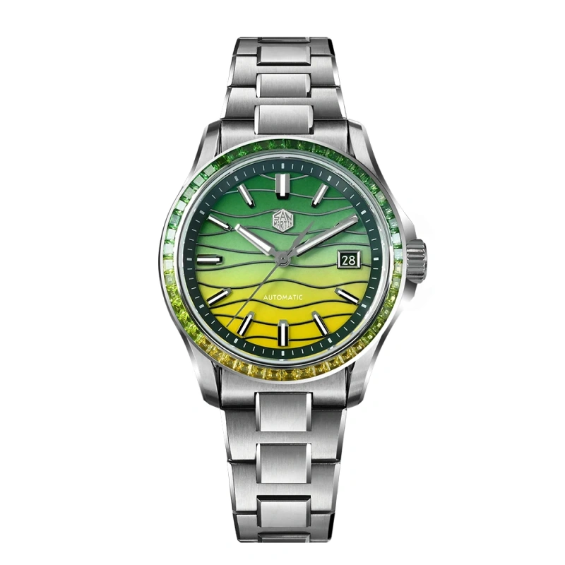 San Martin Watch 39mm Men Luxury Dress Miyota 9015 Automatic Mechanical with Gemstones Bezel Mop Dial 100m Waterproof SN0150