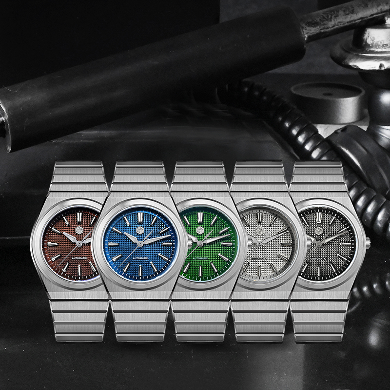 San Martin 40mm Luxury Sport Watch Miyota 90S5 Automatic Waffle Dial Integrated Bracelet Exhibition Caseback Mens Watches SN0152