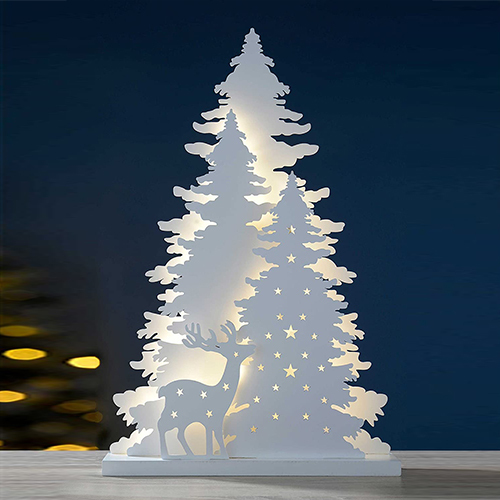 Tree and reindeer scene Christmas table decoration, 46 cm -- white