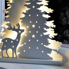 Tree and reindeer scene Christmas table decoration, 46 cm -- white