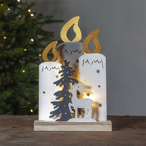 Christmas Decoration, Christmas Silhouette Metal Candles with Reindeer and Tree, Winter Landscape with Timer and Battery Operated Lighting, Warm White