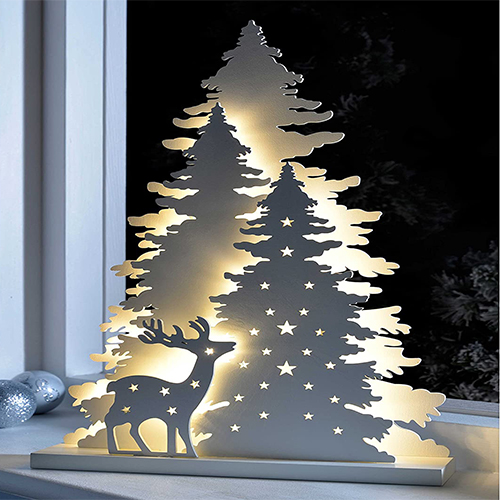 Tree and reindeer scene Christmas table decoration, 46 cm -- white