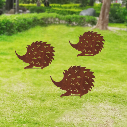 hedgehog courtyard metal decorative stakes garden, 3 animals wrought iron metal doll suit, hedgehog garden decoration