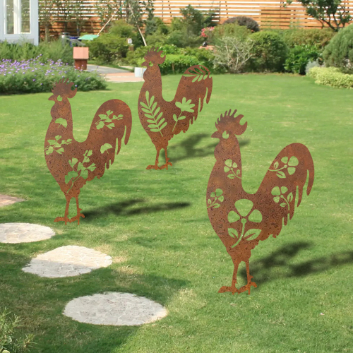 1 pc of Decorative Chicken Garden Stake 52 cm Garden Decoration Rust Figures