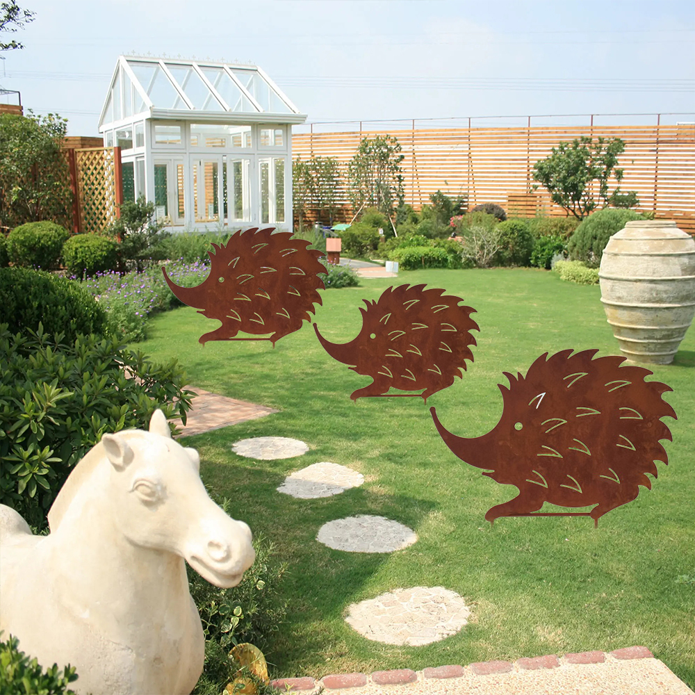 hedgehog courtyard metal decorative stakes garden, 3 animals wrought iron metal doll suit, hedgehog garden decoration