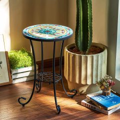 Patio auxiliary table and plant support, 21 "auxiliary table topped with 14" tile for porch, garden, interior and exterior trim, living room, bedroom, balcony, furniture