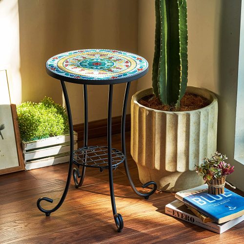 Patio auxiliary table and plant support, 21 "auxiliary table topped with 14" tile for porch, garden, interior and exterior trim, living room, bedroom, balcony, furniture