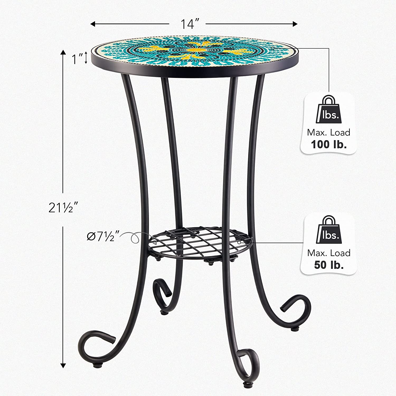 Patio auxiliary table and plant support, 21 "auxiliary table topped with 14" tile for porch, garden, interior and exterior trim, living room, bedroom, balcony, furniture